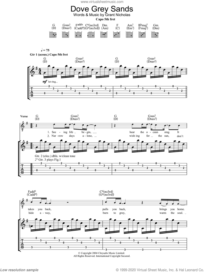 Dove Grey Sands sheet music for guitar (tablature) by Feeder and Grant Nicholas, intermediate skill level