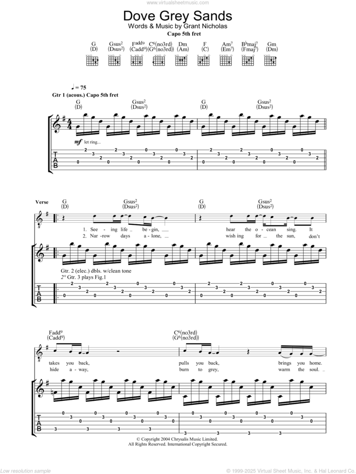 Dove Grey Sands sheet music for guitar (tablature) by Feeder and Grant Nicholas, intermediate skill level