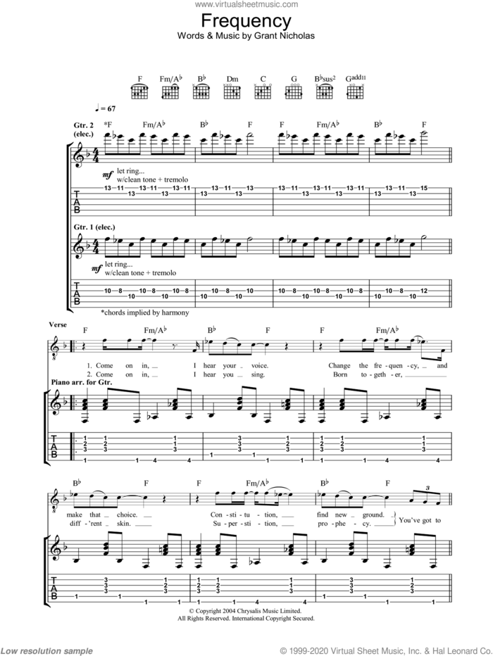 Frequency sheet music for guitar (tablature) by Feeder and Grant Nicholas, intermediate skill level