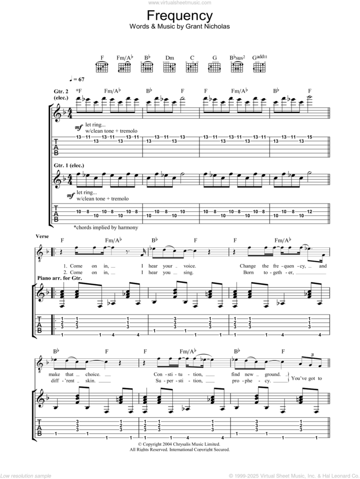 Frequency sheet music for guitar (tablature) by Feeder and Grant Nicholas, intermediate skill level