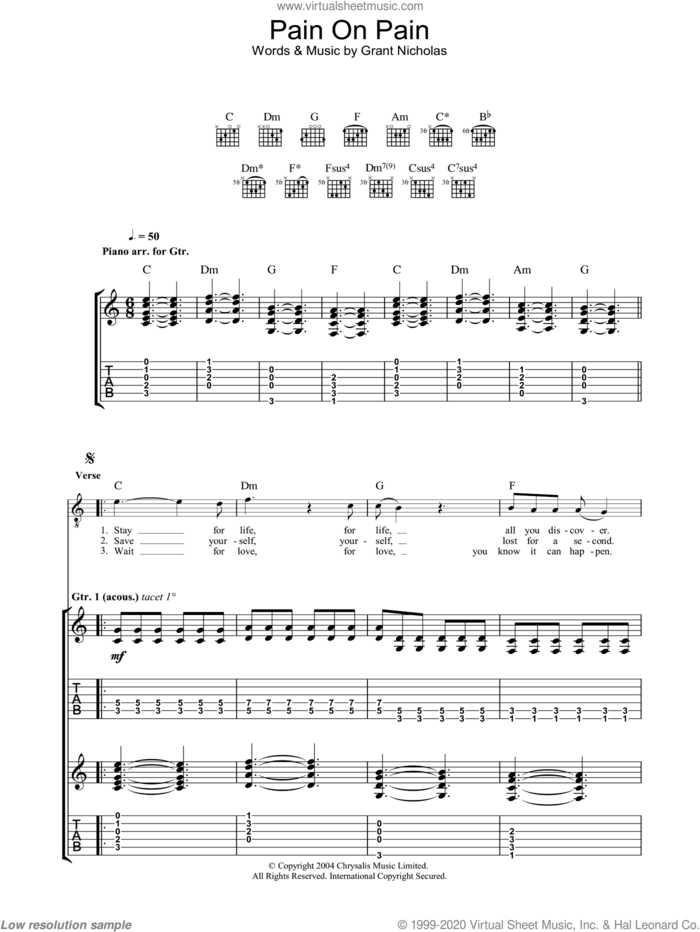 Pain On Pain sheet music for guitar (tablature) by Feeder and Grant Nicholas, intermediate skill level