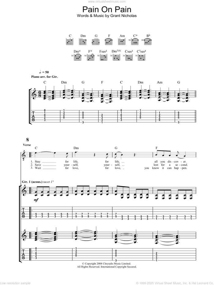 Pain On Pain sheet music for guitar (tablature) by Feeder and Grant Nicholas, intermediate skill level