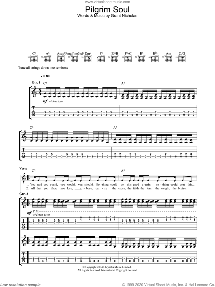 Pilgrim Soul sheet music for guitar (tablature) by Feeder and Grant Nicholas, intermediate skill level