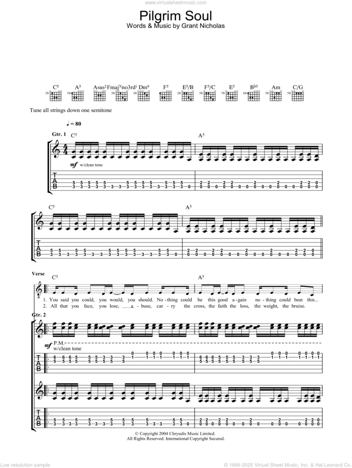 Pilgrim Soul sheet music for guitar (tablature) by Feeder and Grant Nicholas, intermediate skill level