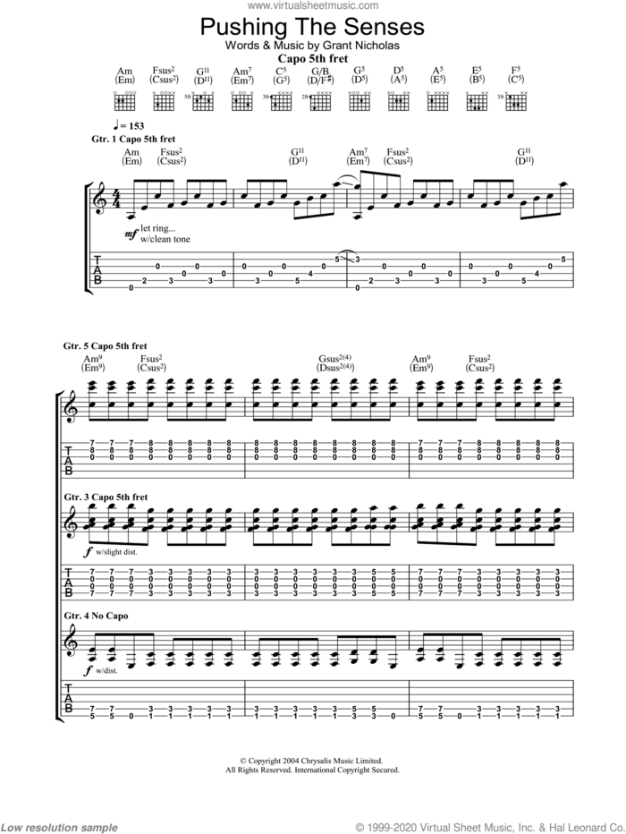 Pushing The Senses sheet music for guitar (tablature) by Feeder and Grant Nicholas, intermediate skill level