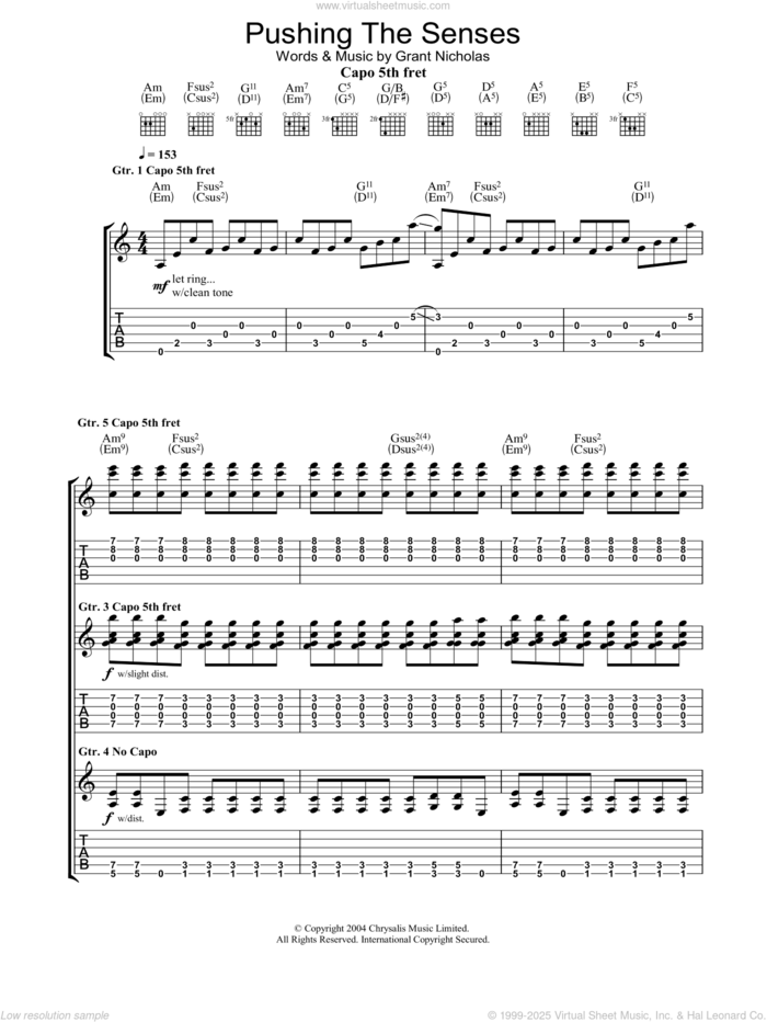 Pushing The Senses sheet music for guitar (tablature) by Feeder and Grant Nicholas, intermediate skill level