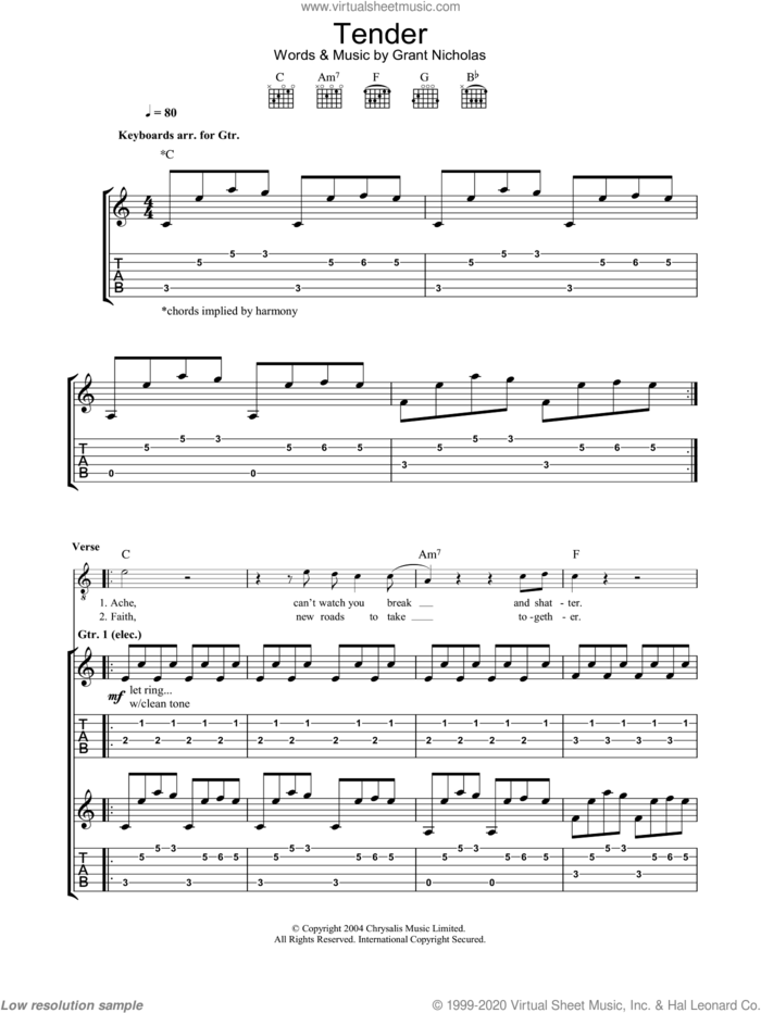 Tender sheet music for guitar (tablature) by Feeder and Grant Nicholas, intermediate skill level