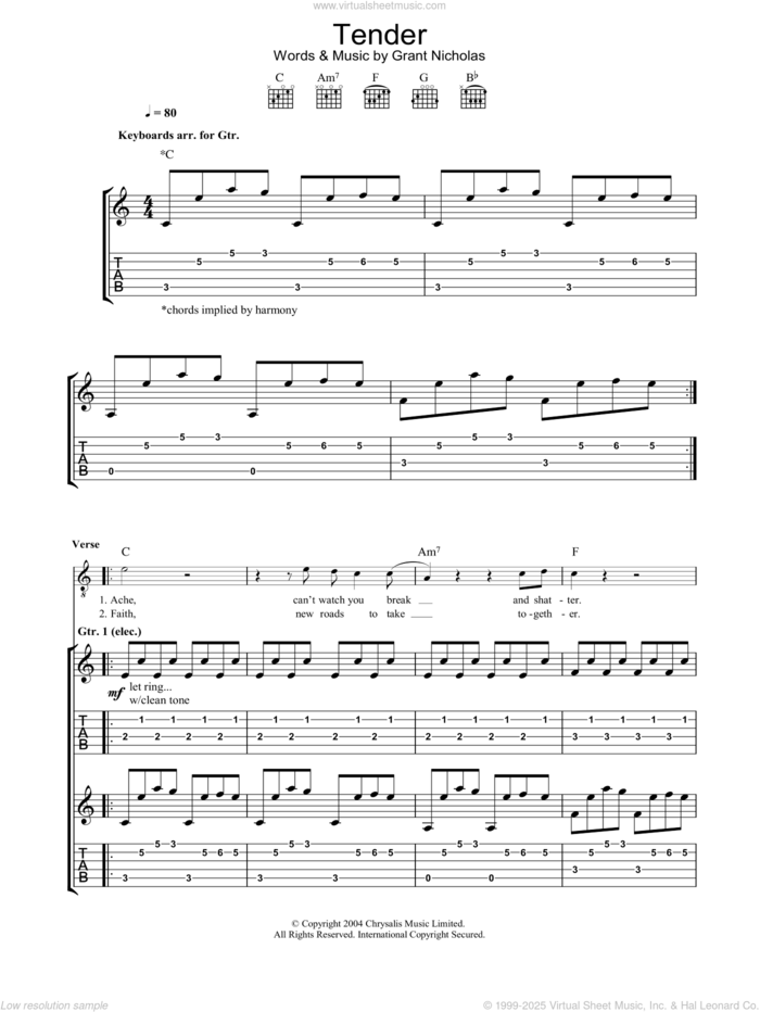 Tender sheet music for guitar (tablature) by Feeder and Grant Nicholas, intermediate skill level