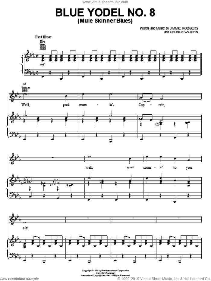 Blue Yodel No. 8 (Mule Skinner Blues) sheet music for voice, piano or guitar by Jimmie Rodgers and George Vaughn, intermediate skill level
