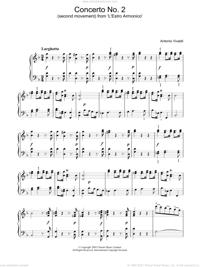 Concerto No.2 (2nd Movement: Larghetto) from 'L'Estro Armonico' Op.3 sheet music for piano solo by Antonio Vivaldi, classical score, intermediate skill level