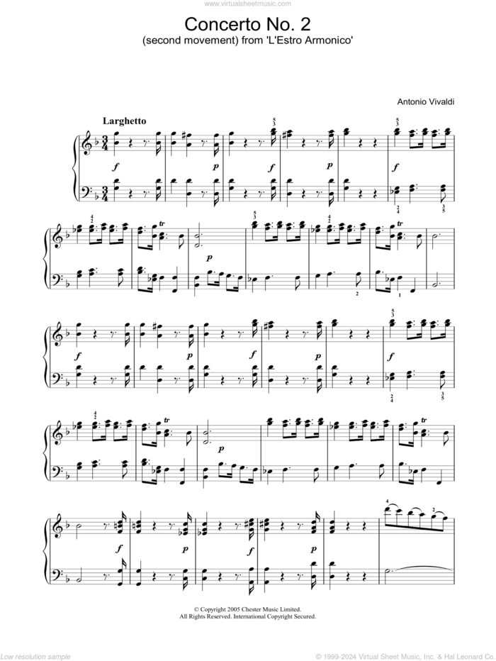 Concerto No.2 (2nd Movement: Larghetto) from 'L'Estro Armonico' Op.3 sheet music for piano solo by Antonio Vivaldi, classical score, intermediate skill level