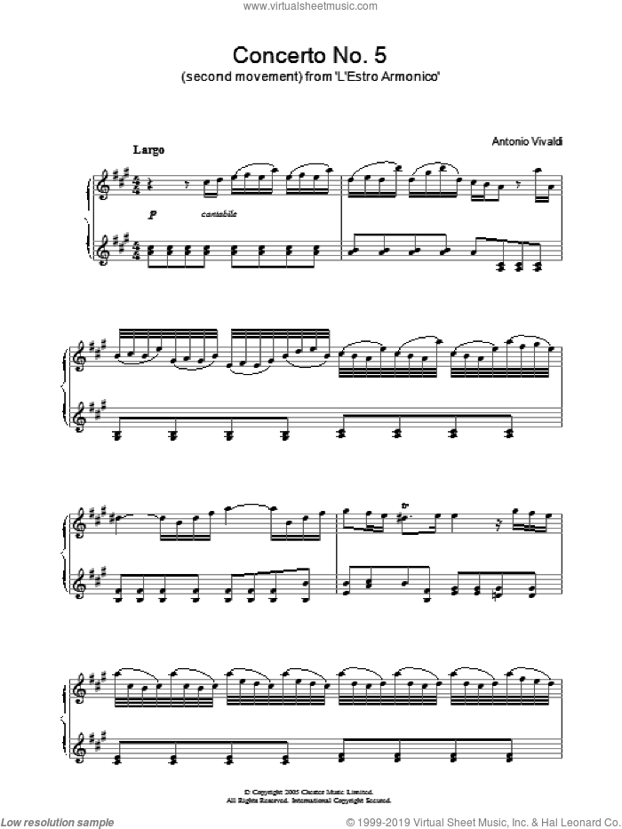Largo from 'L'Estro Armonico' Op.3 sheet music for piano solo by Antonio Vivaldi, classical score, intermediate skill level