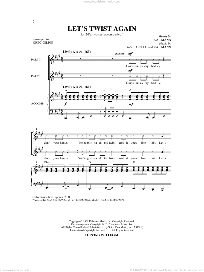 Let's Twist Again sheet music for choir (2-Part) by Greg Gilpin, Dave Appell, Kal Mann and Chubby Checker, intermediate duet