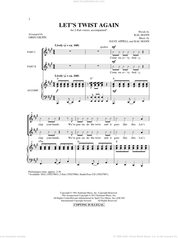 Let's Twist Again sheet music for choir (2-Part) by Greg Gilpin, Dave Appell, Kal Mann and Chubby Checker, intermediate duet