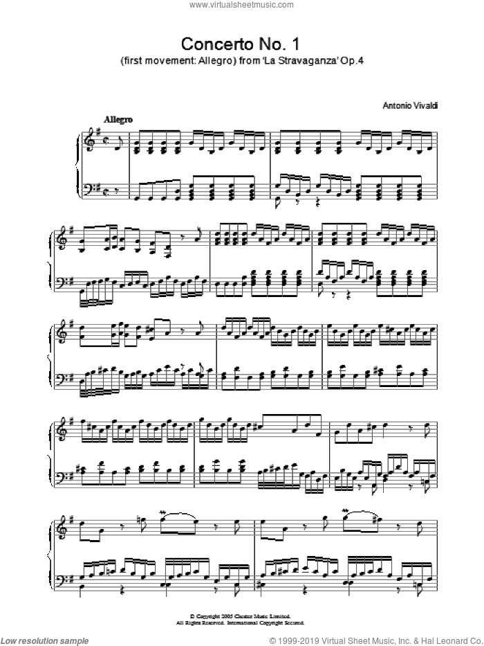 Allegro from 'La Stravaganza' Op.4 sheet music for piano solo by Antonio Vivaldi, classical score, intermediate skill level