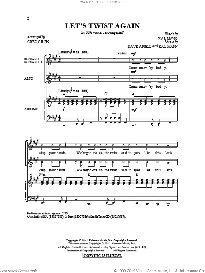 Let's Twist Again sheet music for choir (SSA: soprano, alto) by Kal Mann, Dave Appell, Chubby Checker and Greg Gilpin, intermediate skill level