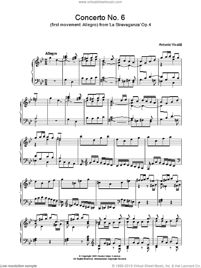 Concerto No.6 (1st Movement: Allegro) from 'La Stravaganza' Op.4 sheet music for piano solo by Antonio Vivaldi, classical score, intermediate skill level