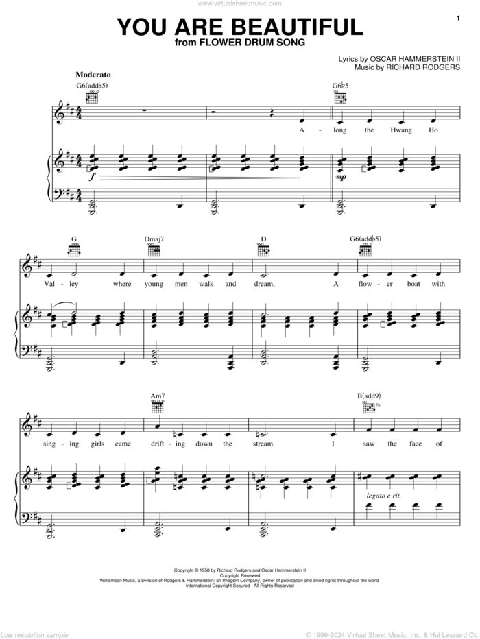 You Are Beautiful sheet music for voice, piano or guitar by Rodgers & Hammerstein, Flower Drum Song (Musical), Oscar II Hammerstein and Richard Rodgers, intermediate skill level