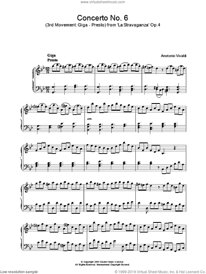 Giga, Presto from 'La Stravaganza' Op.4 sheet music for piano solo by Antonio Vivaldi, classical score, intermediate skill level