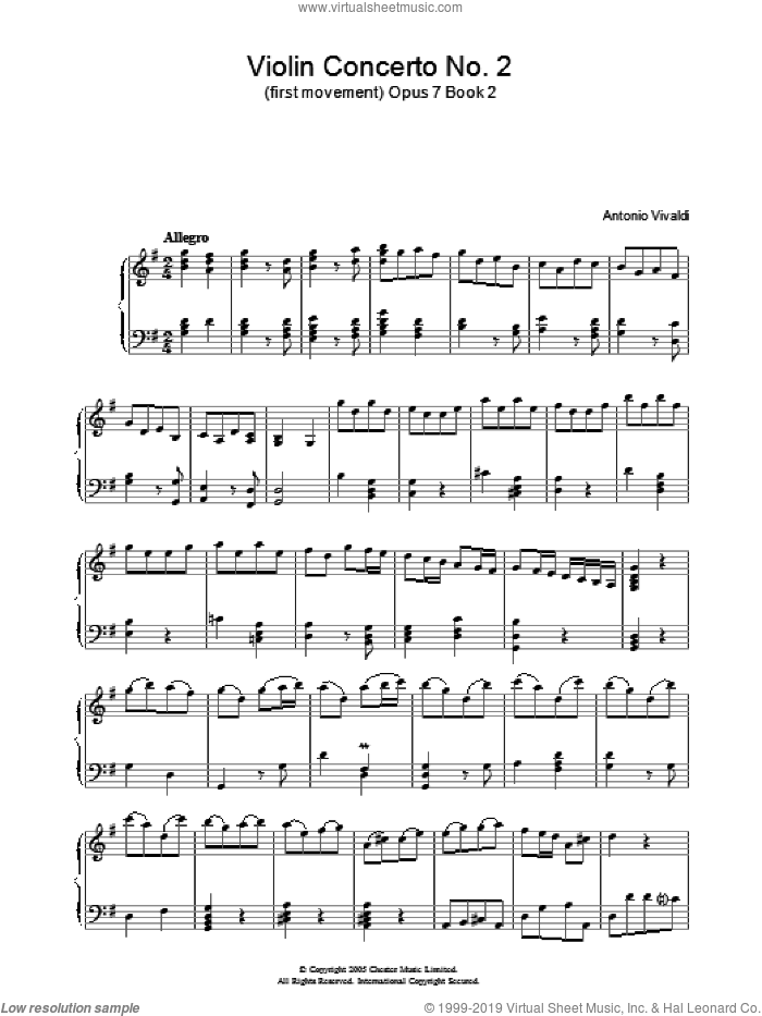 Allegro Op.7, Book 2 sheet music for piano solo by Antonio Vivaldi, classical score, intermediate skill level