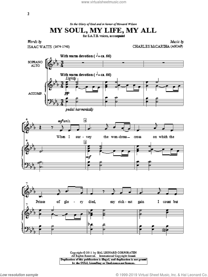 My Soul, My Life, My All sheet music for choir (SATB: soprano, alto, tenor, bass) by Charles McCartha and Isaac Watts, intermediate skill level
