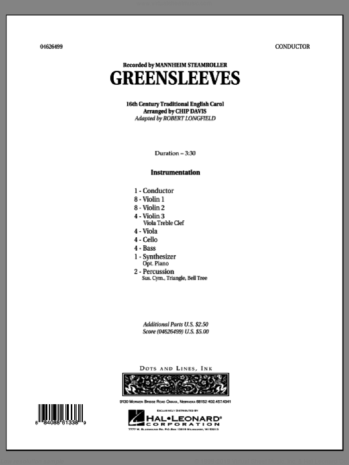 Greensleeves (COMPLETE) sheet music for orchestra by Robert Longfield, Chip Davis and Mannheim Steamroller, intermediate skill level