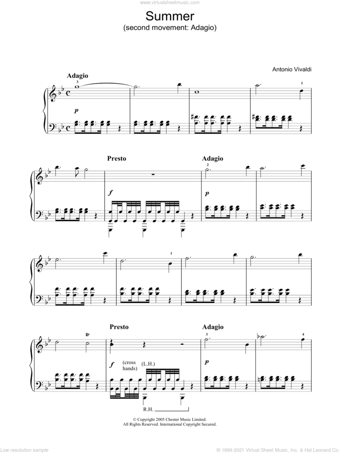 Summer (second movement: Adagio) sheet music for piano solo by Antonio Vivaldi, classical score, intermediate skill level