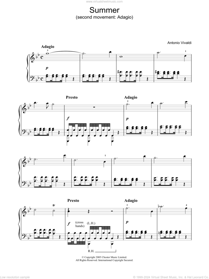 Summer (second movement: Adagio) sheet music for piano solo by Antonio Vivaldi, classical score, intermediate skill level