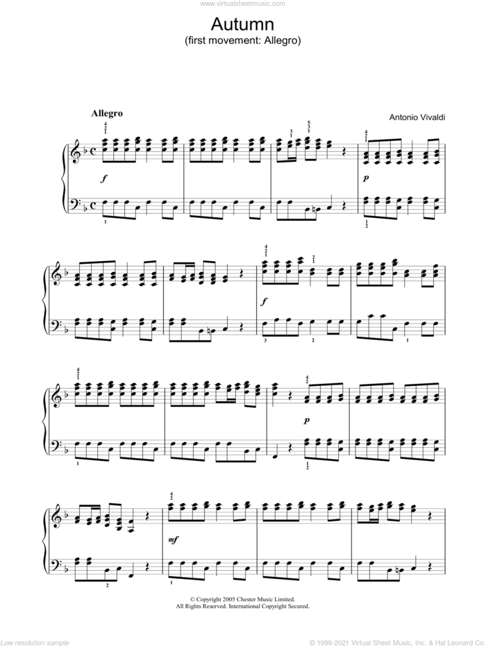 Autumn (first movement: Allegro) sheet music for piano solo by Antonio Vivaldi, classical score, intermediate skill level