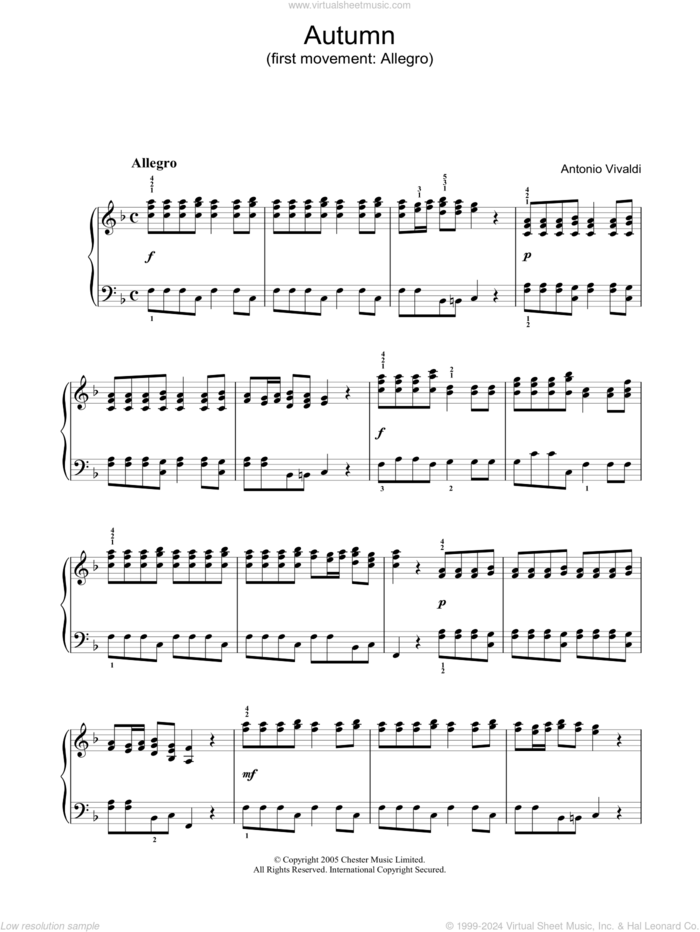 Autumn (first movement: Allegro) sheet music for piano solo by Antonio Vivaldi, classical score, intermediate skill level