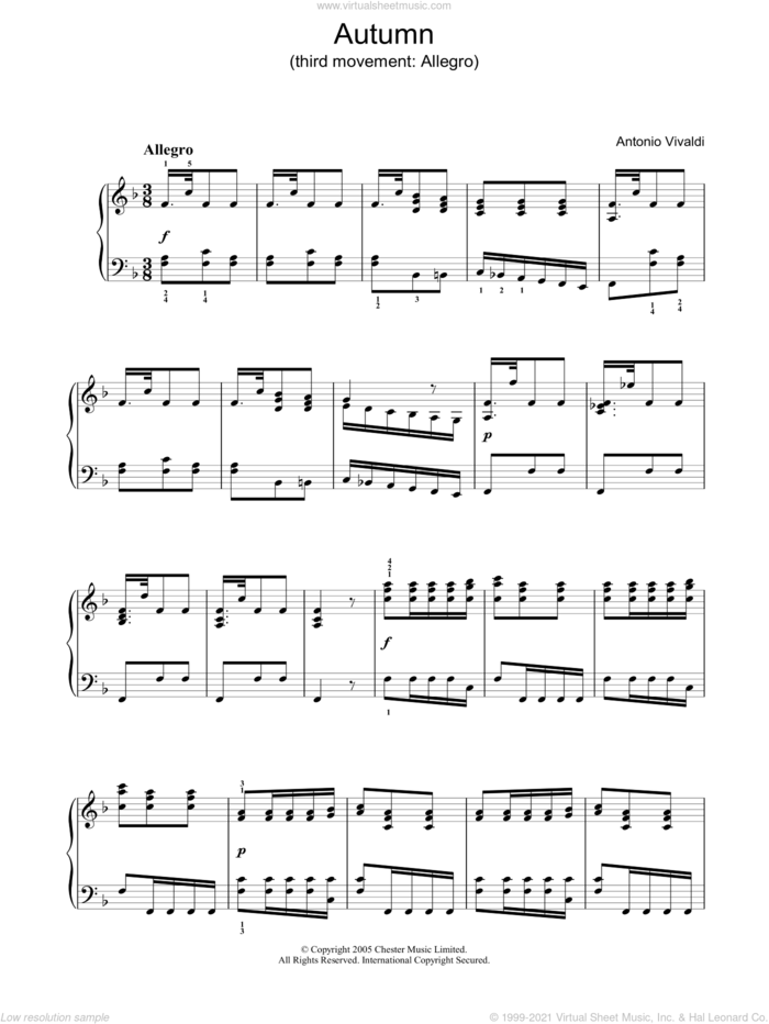 Autumn (third movement: Allegro) sheet music for piano solo by Antonio Vivaldi, classical score, intermediate skill level