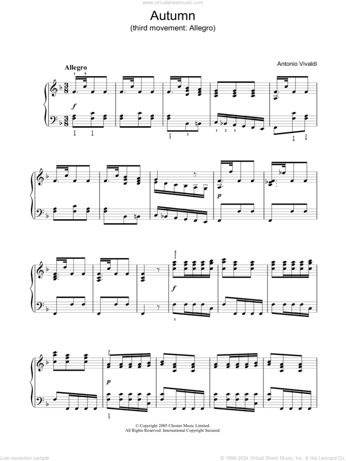 Autumn (from The Four Seasons), 3rd Movement sheet music for piano solo by Antonio Vivaldi, classical score, intermediate skill level