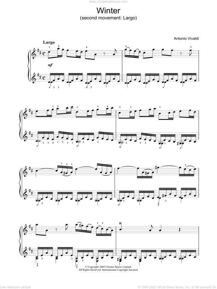 Winter sheet music for piano solo by Antonio Vivaldi, classical score, intermediate skill level