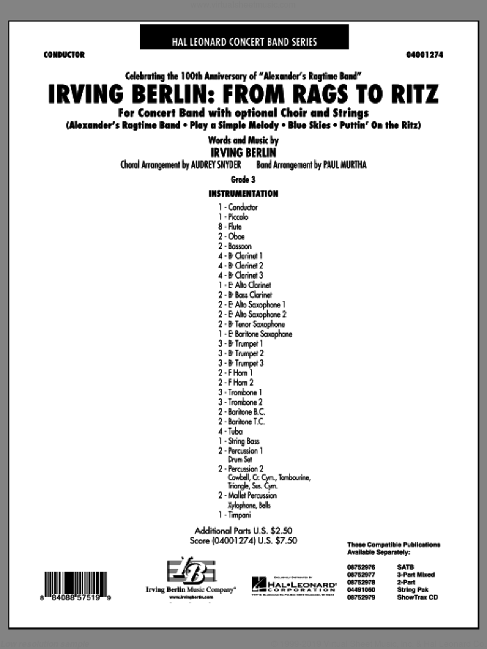 Irving Berlin: From Rags To Ritz (COMPLETE) sheet music for concert band by Irving Berlin, Audrey Snyder and Paul Murtha, intermediate skill level