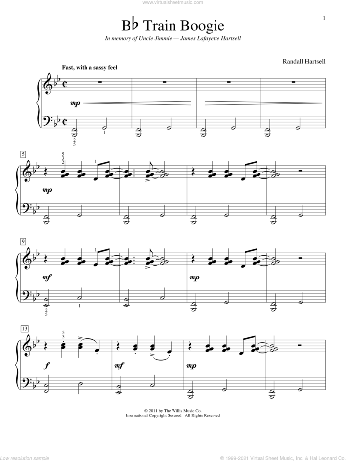B-Flat Train Boogie sheet music for piano solo (elementary) by Randall Hartsell, beginner piano (elementary)