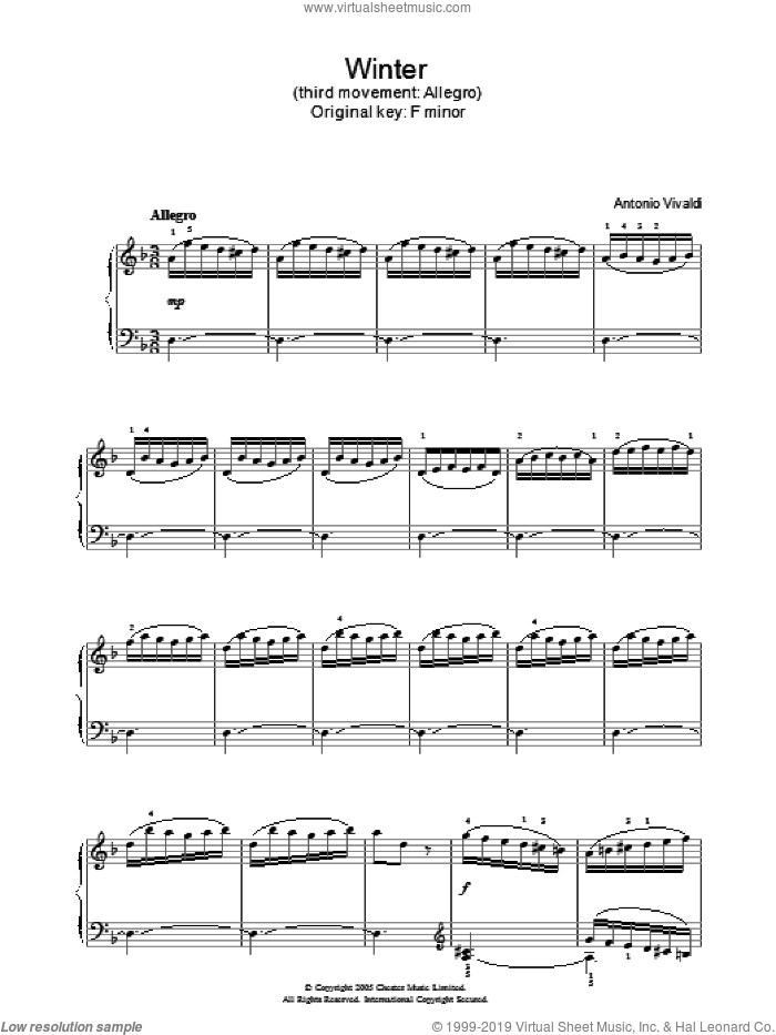 Winter (third movement: Allegro) sheet music for piano solo by Antonio Vivaldi, classical score, intermediate skill level