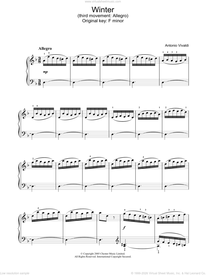 Winter (third movement: Allegro) sheet music for piano solo by Antonio Vivaldi, classical score, intermediate skill level
