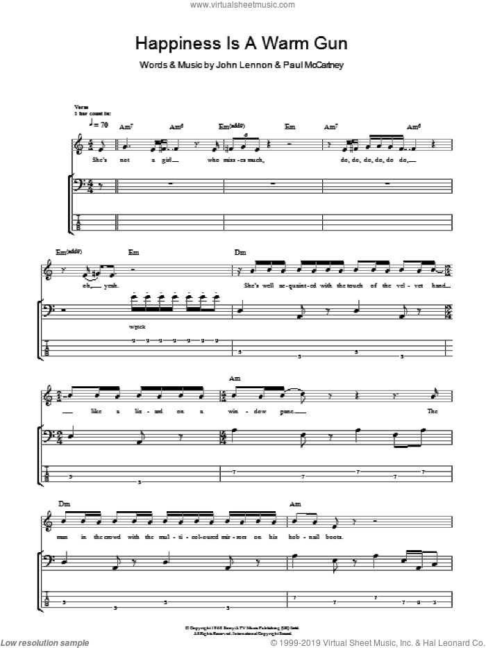 Happiness Is A Warm Gun sheet music for bass (tablature) (bass guitar) by The Beatles, John Lennon and Paul McCartney, intermediate skill level