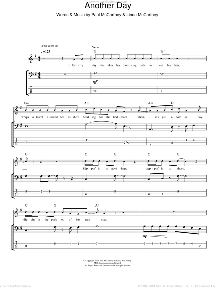 Another Day sheet music for bass (tablature) (bass guitar) by Paul McCartney and Linda McCartney, intermediate skill level