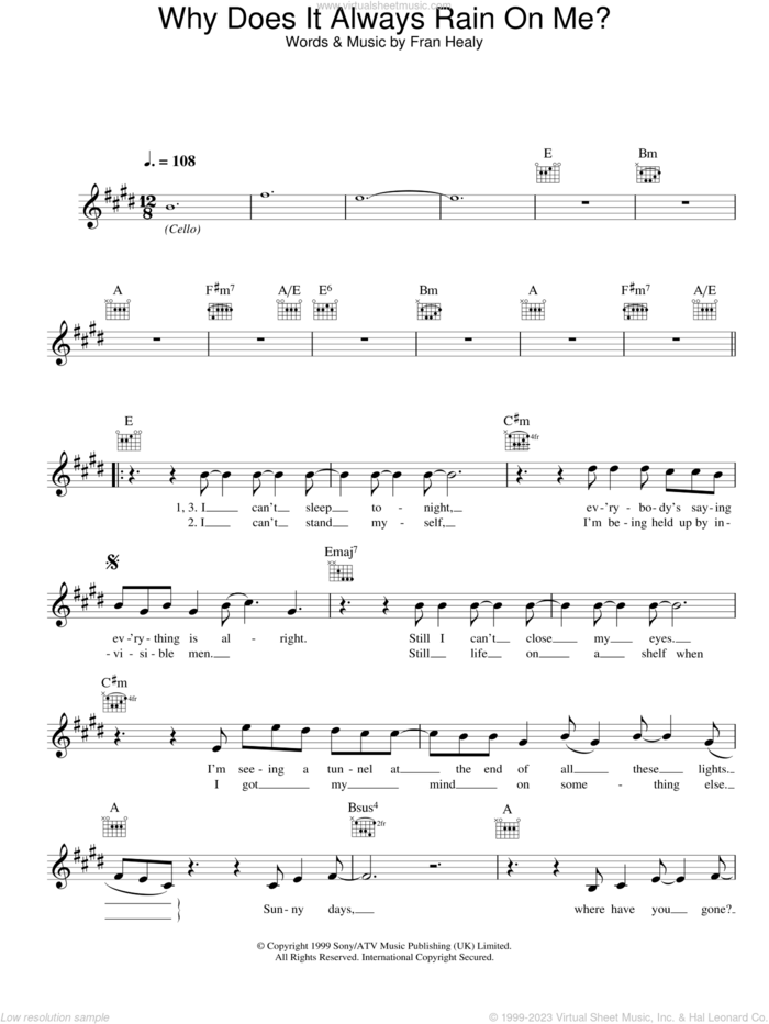 Why Does It Always Rain On Me? sheet music for voice and other instruments (fake book) by Merle Travis and Fran Healy, intermediate skill level