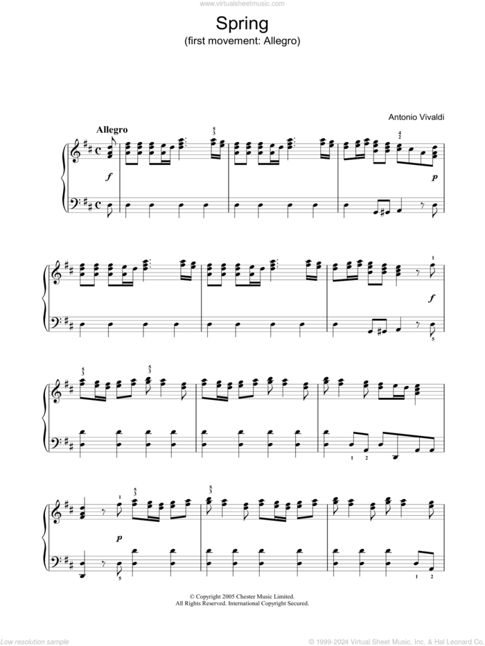 Spring (first movement: Allegro) sheet music for piano solo by Antonio Vivaldi, classical score, intermediate skill level