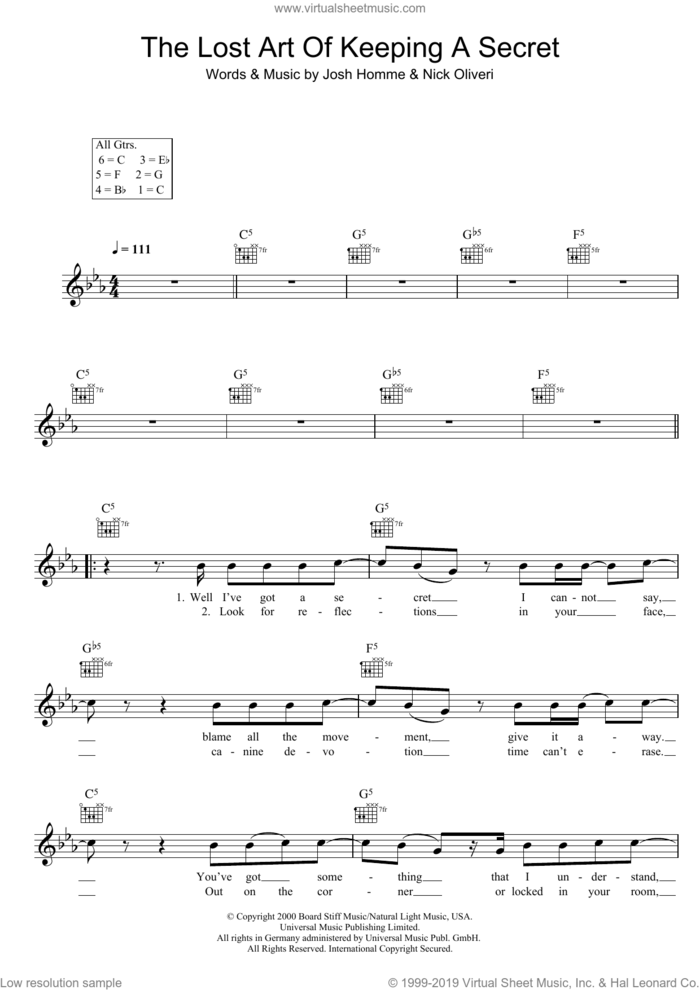 The Lost Art Of Keeping A Secret sheet music for voice and other instruments (fake book) by Queens Of The Stone Age, Josh Homme and Nick Oliveri, intermediate skill level