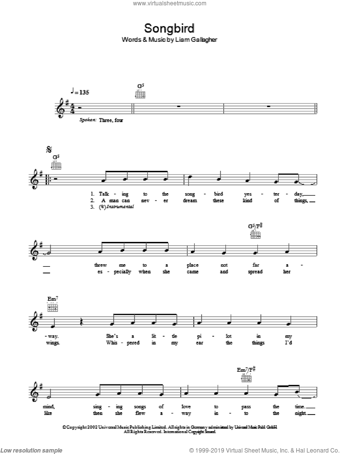 Songbird sheet music for voice and other instruments (fake book) by Oasis and Liam Gallagher, intermediate skill level