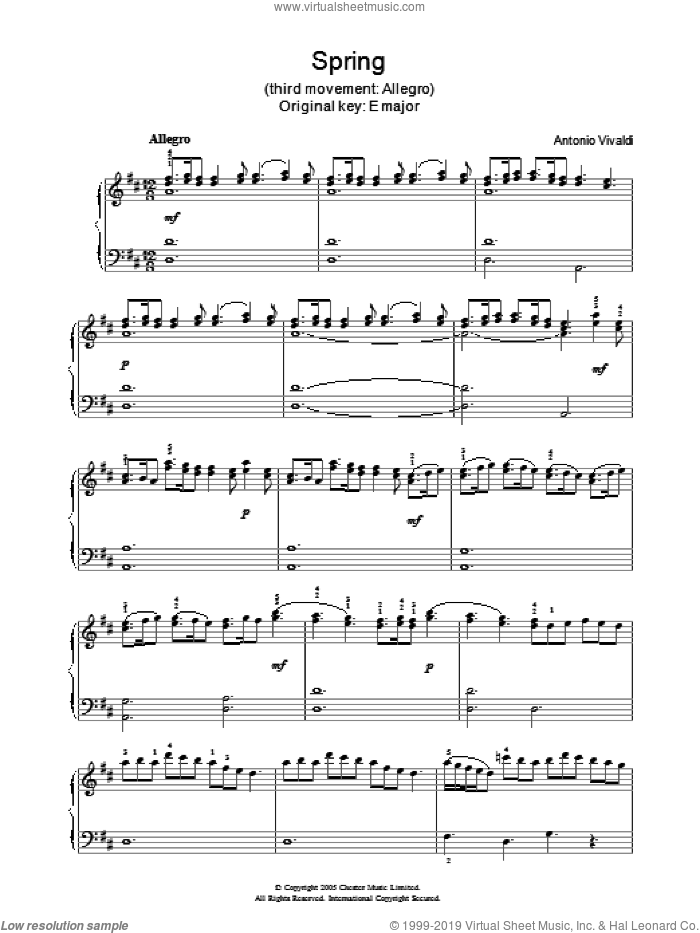 Spring (third movement: Allegro) sheet music for piano solo by Antonio Vivaldi, classical score, intermediate skill level