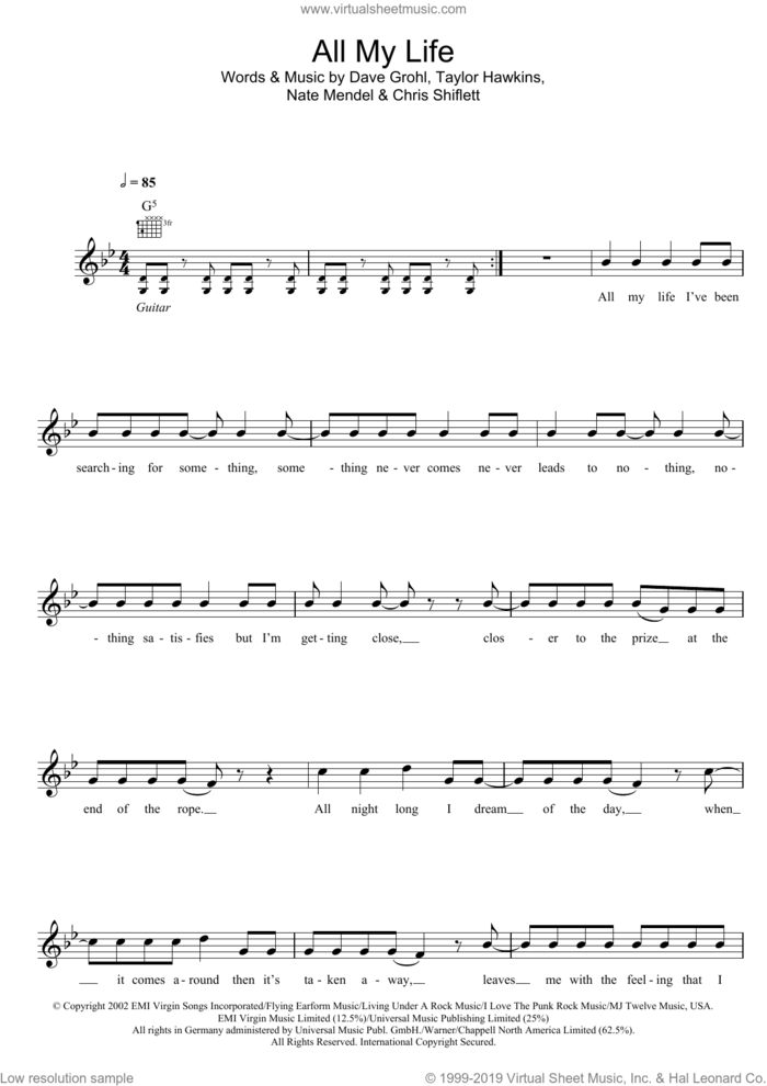 All My Life sheet music for voice and other instruments (fake book) by Foo Fighters, Chris Shiflett, Dave Grohl, Nate Mendel and Taylor Hawkins, intermediate skill level