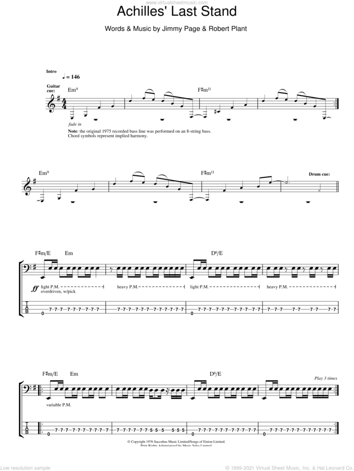 Achilles Last Stand sheet music for bass (tablature) (bass guitar) by Led Zeppelin, Jimmy Page and Robert Plant, intermediate skill level
