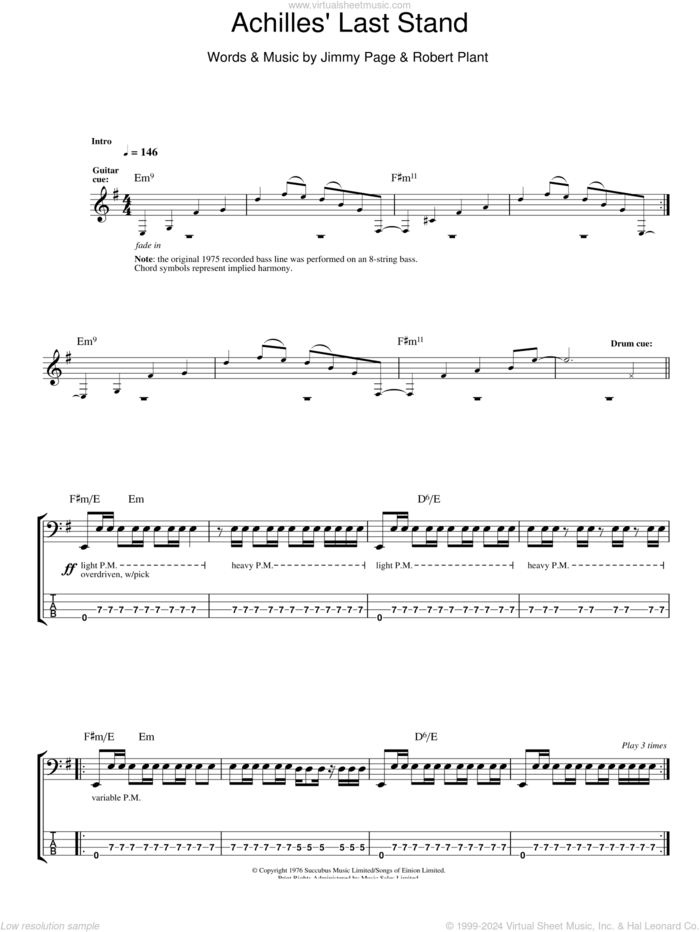 Achilles Last Stand sheet music for bass (tablature) (bass guitar) by Led Zeppelin, Jimmy Page and Robert Plant, intermediate skill level