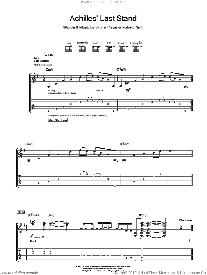 Achilles Last Stand sheet music for guitar (tablature) by Led Zeppelin, Jimmy Page and Robert Plant, intermediate skill level