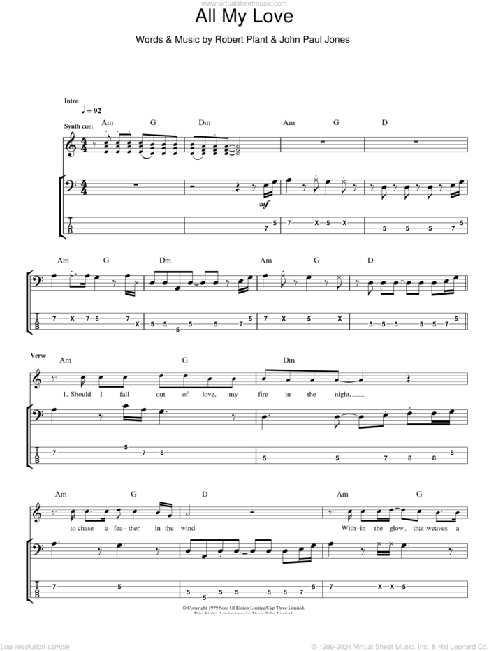 All My Love sheet music for bass (tablature) (bass guitar) by Led Zeppelin, John Paul Jones and Robert Plant, intermediate skill level