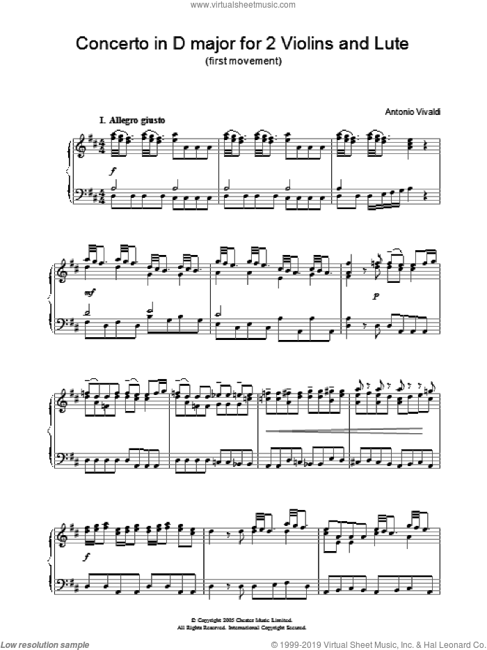 Concerto in D major for 2 Violins and Lute (first movement) sheet music for piano solo by Antonio Vivaldi, classical score, intermediate skill level